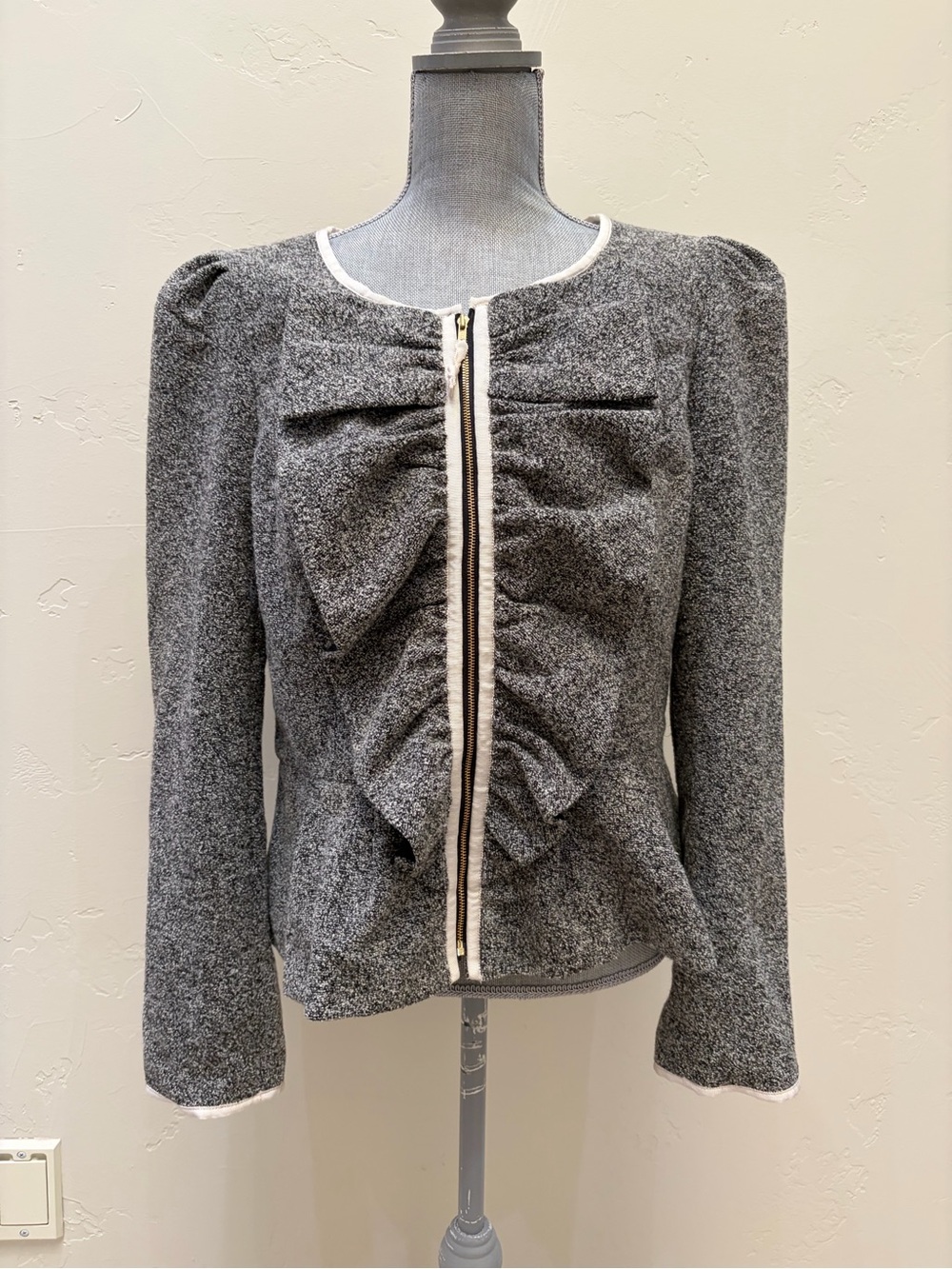Anthropologie Elevenses Gray Ruffle Peplum Zip Jacket Puff Sleeve Blazer Size 14